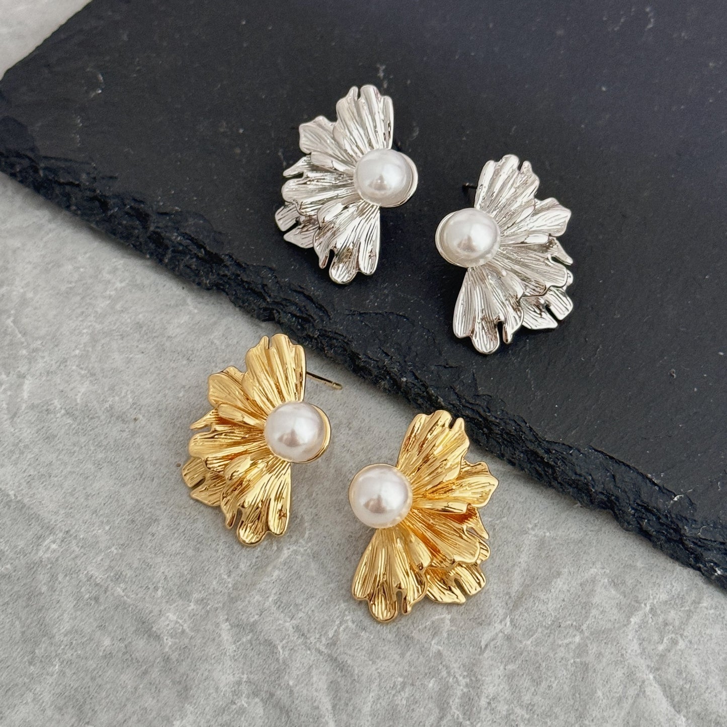 Pearl Irregular Fan Shaped Chinese Style High Sense Stud Earrings