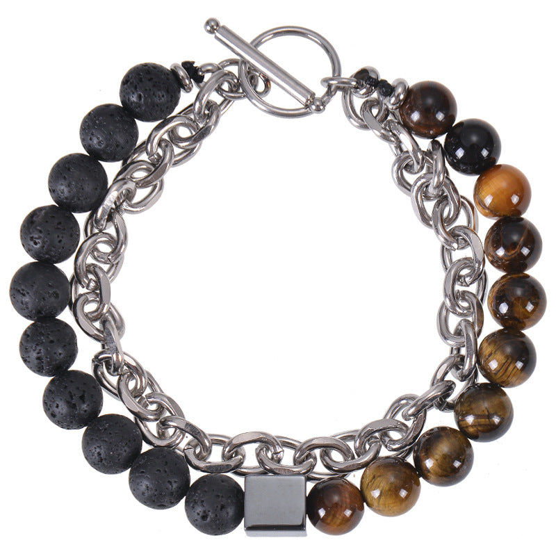 Men's Stainless Steel Square Black Magnet Beaded Bracelet