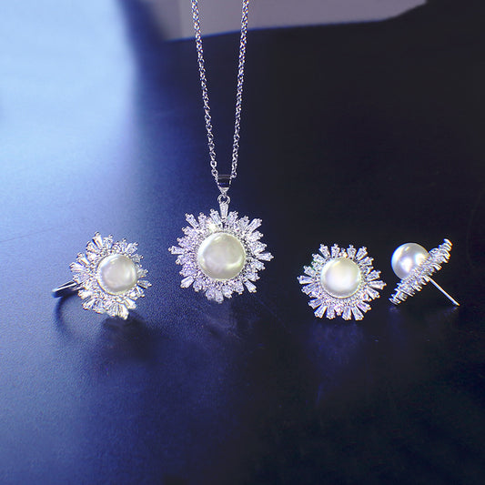 Women's Korean Style Rhinestone Pearl Snowflake Fashion Temperament Micro Three-piece Necklaces