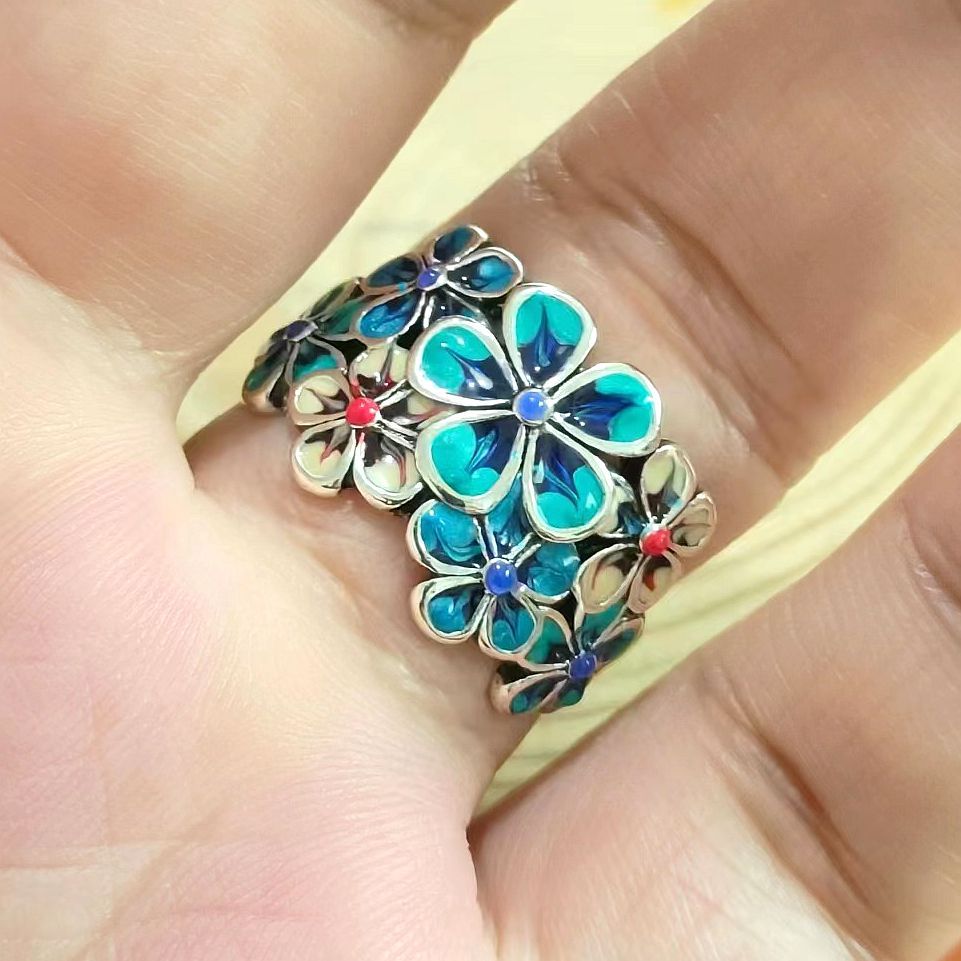 Enamel Brocade Female Elegant Retro Ethnic Style Open Adjustable Creative Rings