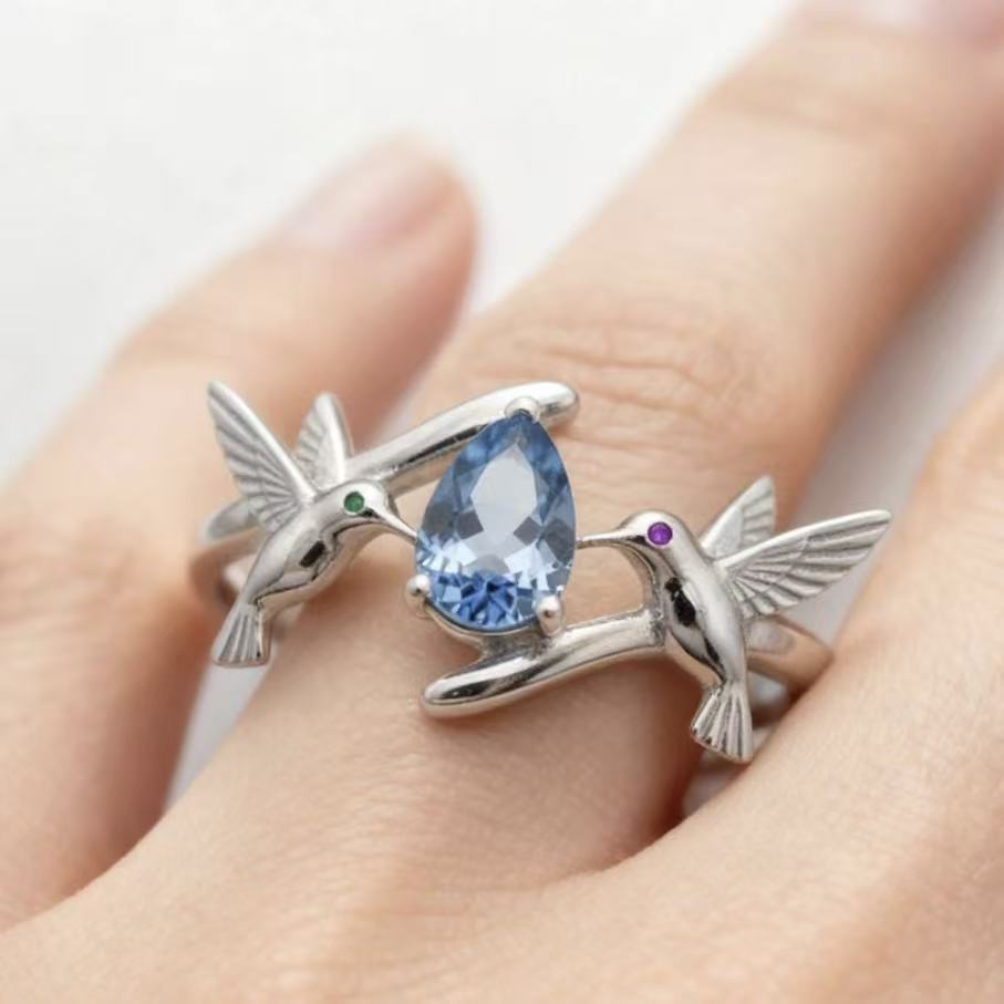 Women's Water Drop Lake Blue Diamond Magpie Happy Ring