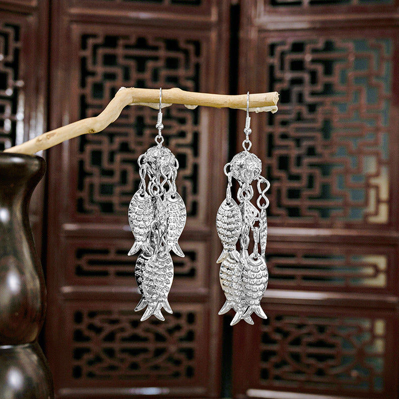 Miao Sier Ethnic Style Peacock Bell Tassel Hollow Leaves Cute Rings