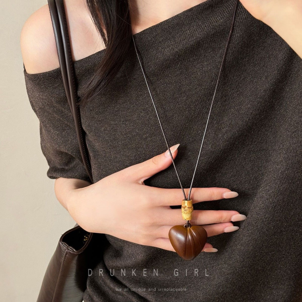 Women's Wooden Love Simple Halter Long Sweater Necklace