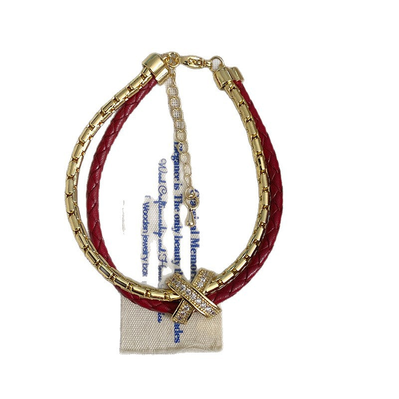 Double Layer Leather Cord Female Stitching Design Sense Micro Inlaid Bracelet