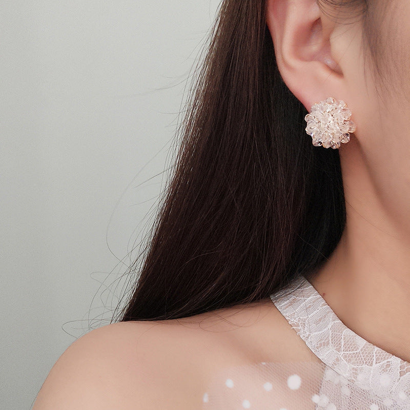 Sier Needle Handmade Round White Crystal Floral Ball Fairy Earrings