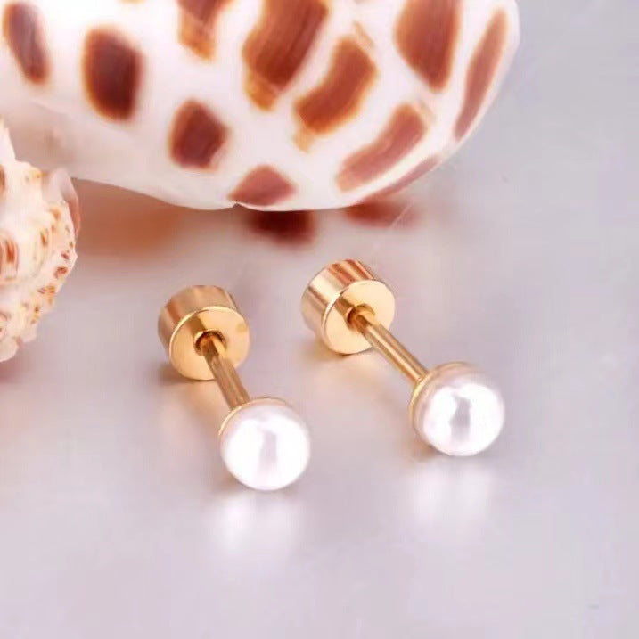 Pearl Screw Tightening Buckle Stainless Steel Female Simple Graceful Small Stud Earrings