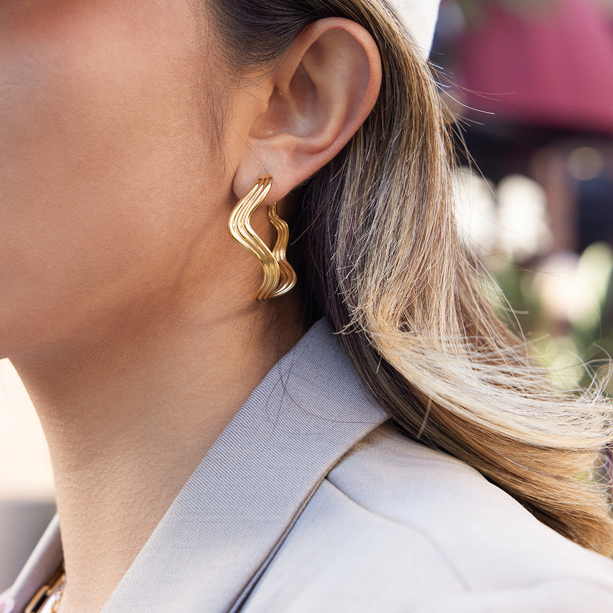 Gold Stainless Steel Wave Simple High-grade Stud Earrings