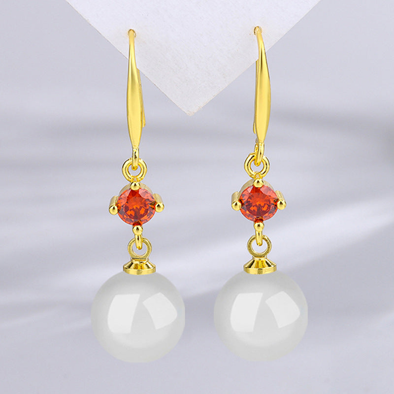 Jade Jasper Female Red Zircon Chalcedony Gem Ear Earrings