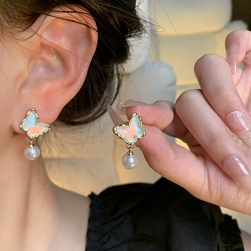 Women's Needle Blue Ocean Butterfly For Light Luxury Minority High-grade Pearl Stud Earrings