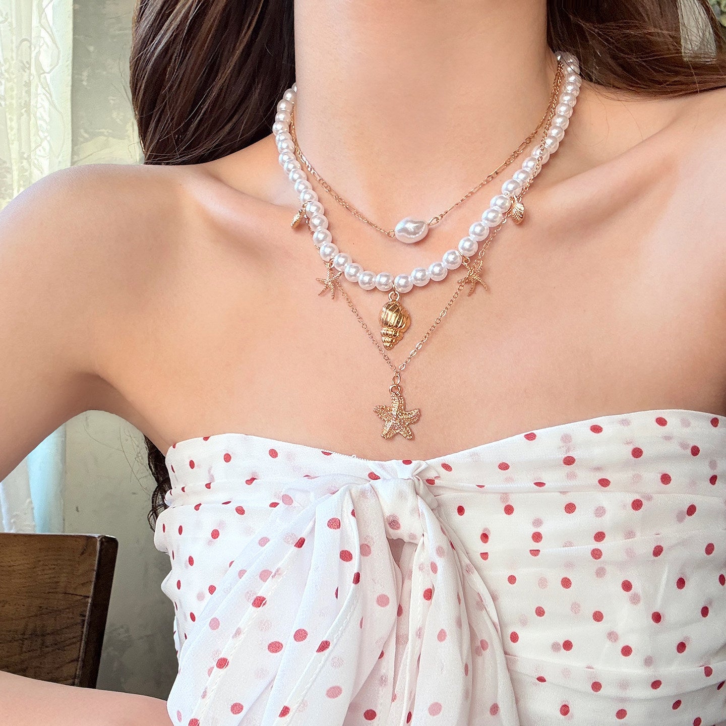 Colorful Island Starfish Pearl Seaside Vacation Style Clavicle Chain Necklace
