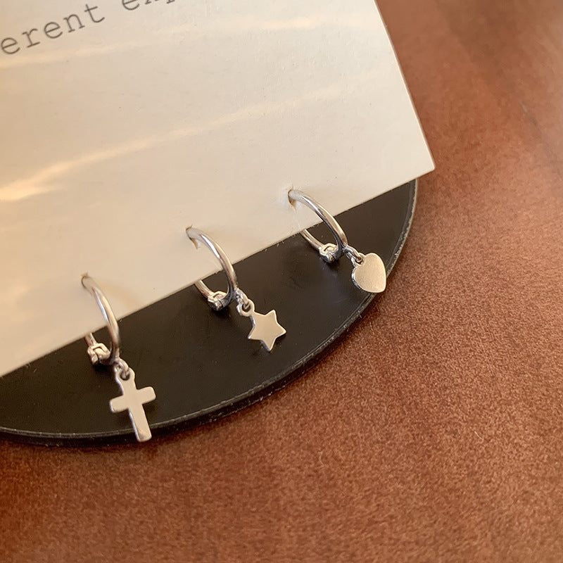 Sier Needle Pentagram Simple Temperamental Cross Ear Earrings