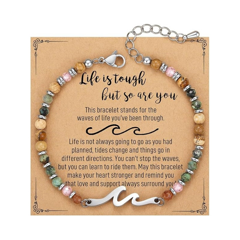 Women's Natural Stone Beaded Cross Lobster Buckle Adjustable Band Bracelet
