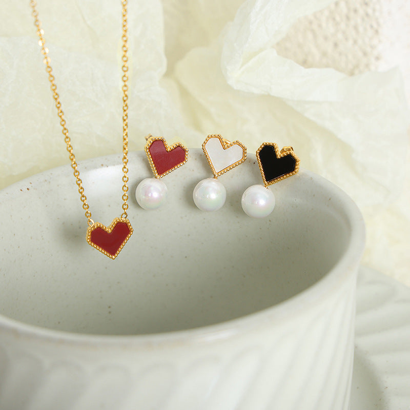 Women's Peach Heart Micro Glass Bead Titanium Steel Gold Earrings