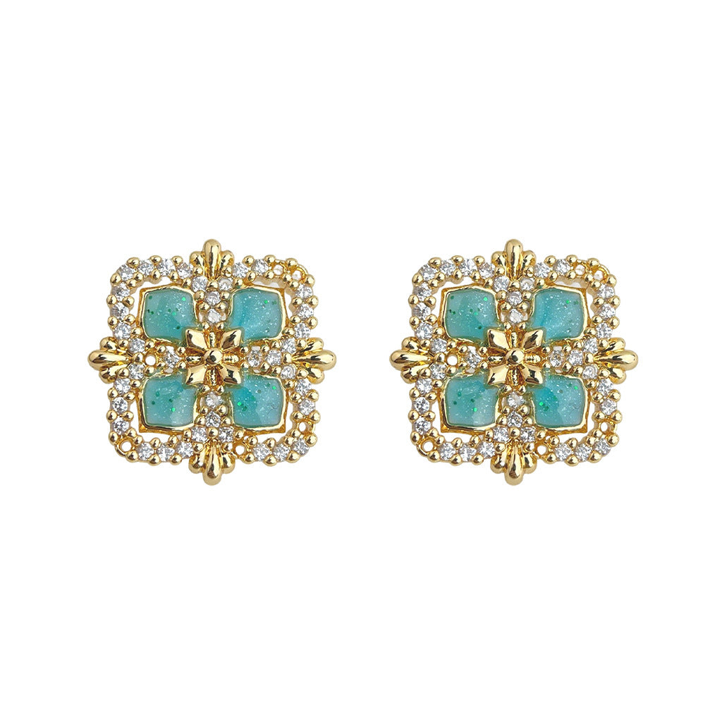Drip Glazed Square Hollow Zircon Geometric Light Luxury French Stud Earrings