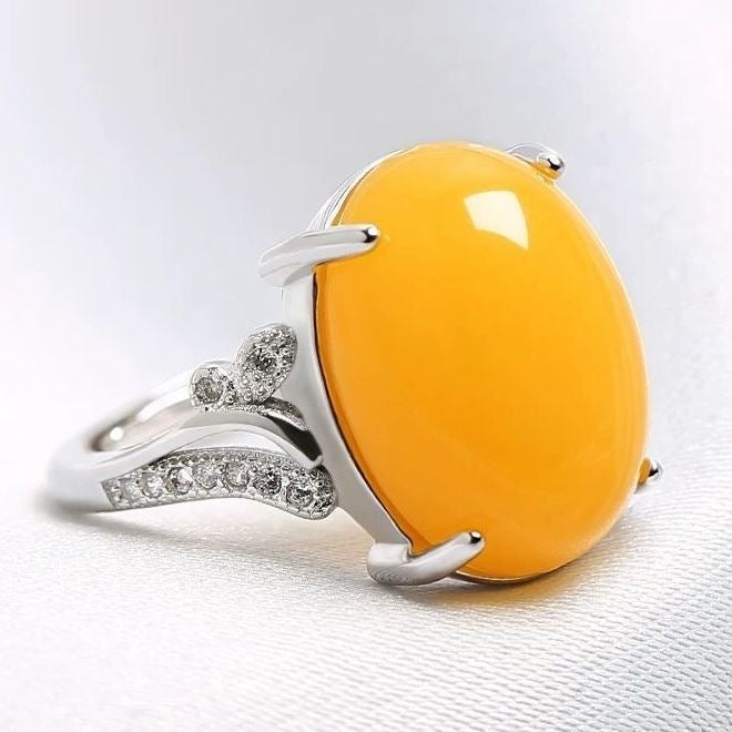 Chalcedony Female Sterling Sier Inlaid Canary Stone Agate Adjustable Ring