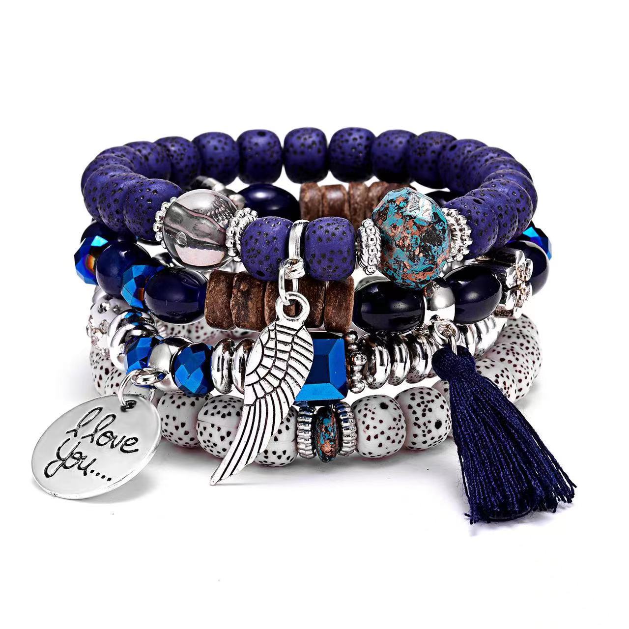 Combination Buddha Beads Simple Disc Heart Wings Tassel Bracelet