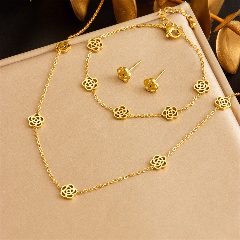 Exquisite Gold-plated Stainless Steel Love Pearl Flower Butterfly Jewelry Set
