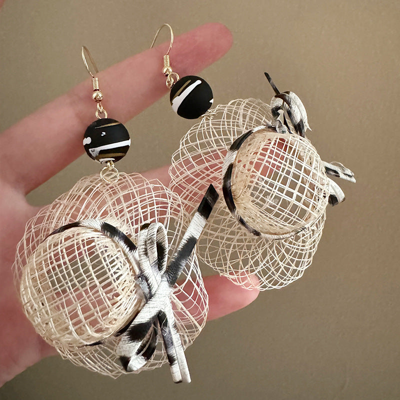 Vacation Style Chic Straw Hat Leopard Bow Niche Retro Design Earrings
