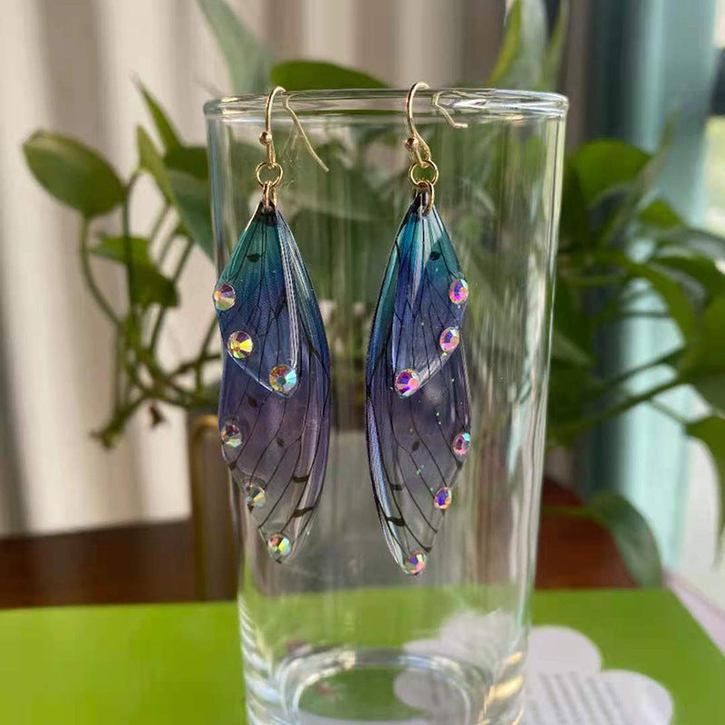Women's Sier Cicada Wings Ear Hook Butterfly Temperamental Fairy Long Eardrop Earrings