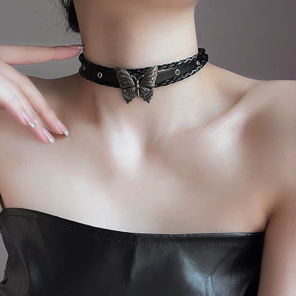 Women's Personalized Retro Butterfly Rivet Soft Leather Dark Necklaces