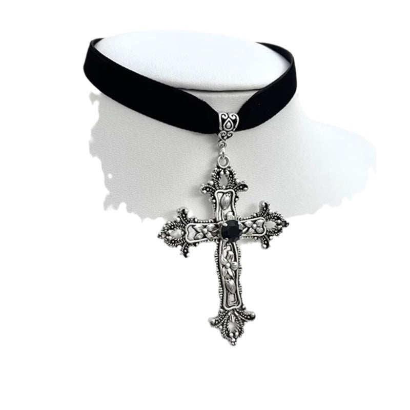 Exaggerated Gothic Black Gem Cross Veet Necklace