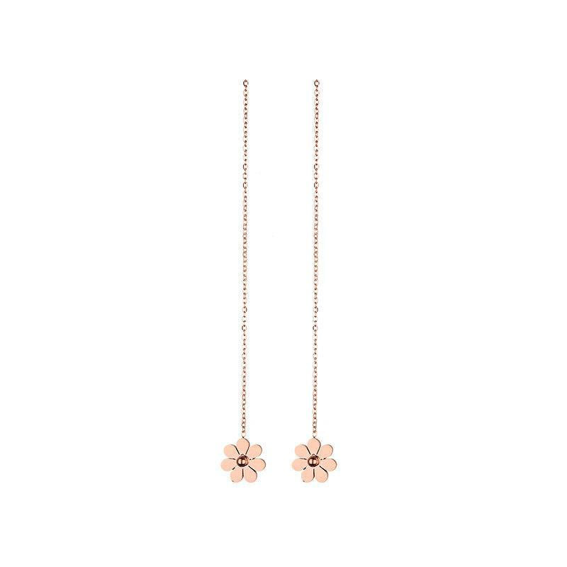 Steel Little Daisy Flower Tassel Hanging Rose Gold Earrings