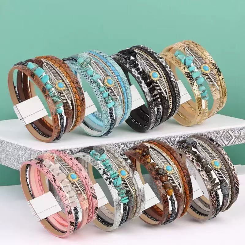 Women's Bohemian Style Gravel Feather Leather For Bracelet