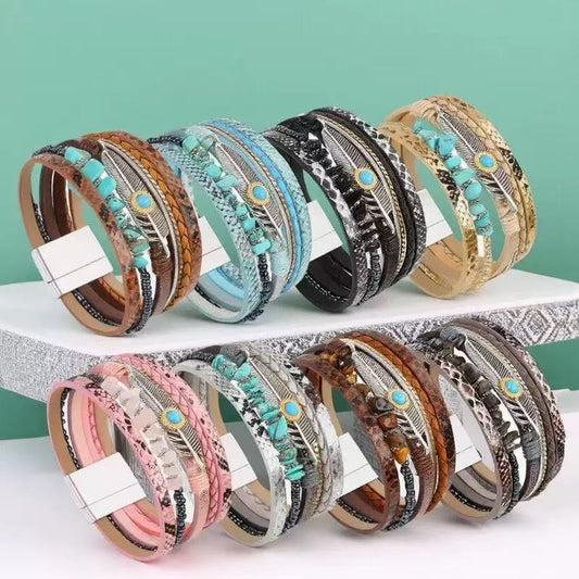 Women's Bohemian Style Gravel Feather Leather For Bracelet