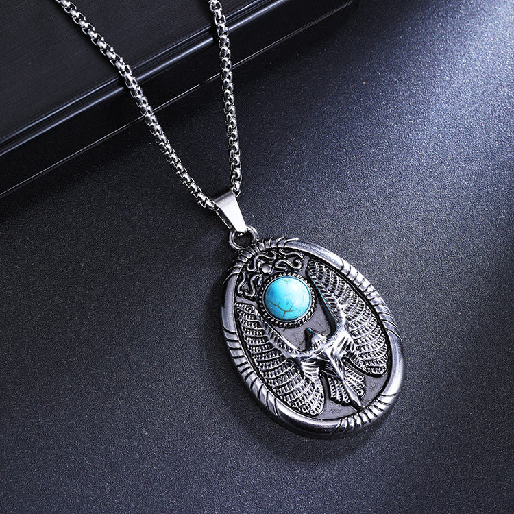 Retro Fashion Turquoise Flying Eagle Disc Necklace