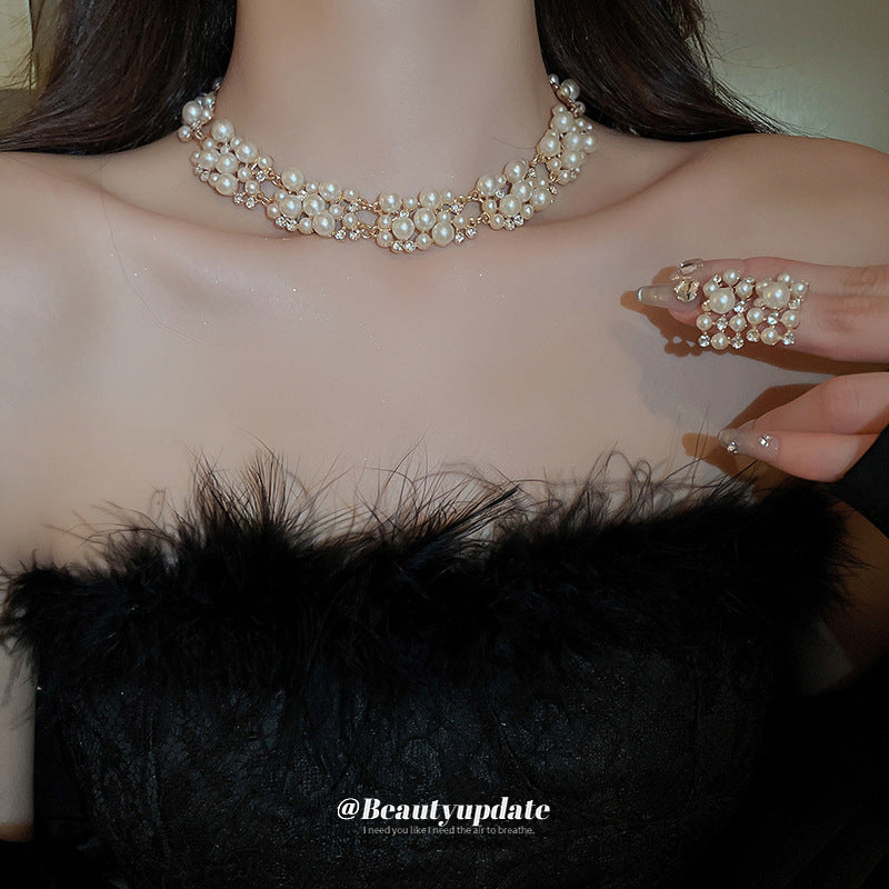 Rhinestone Pearl Rectangular Ear Two-piece French Vintage Court Style Light Necklaces