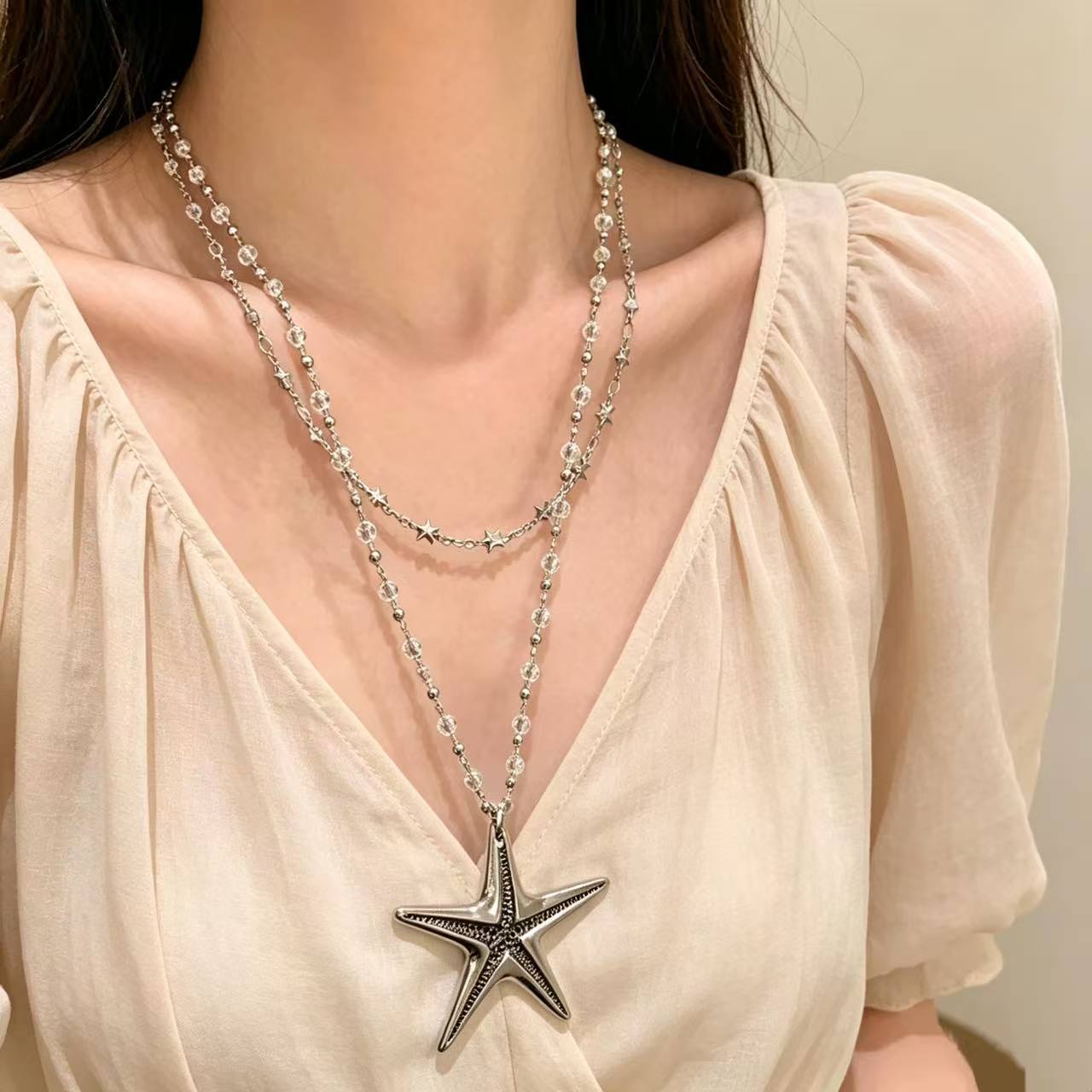 Women's Seaside Starfish Beaded Summer Long With Skirt Sweet Cool Necklace