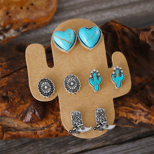 Trendy Retro Style Turquoise Love Cactus Cow Head Earrings