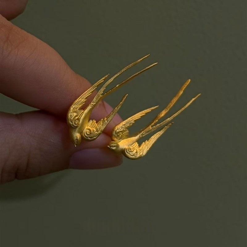 Women's Chinese Style Golden Auspicious Cloud Swallow Retro National Exquisite For Stud Earrings