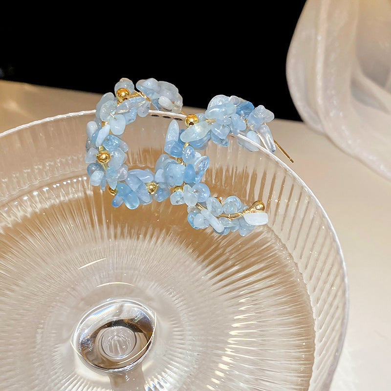Women's Fresh Blue Fabric Flower Tassel Seaside Vacation Style Light Stud Earrings
