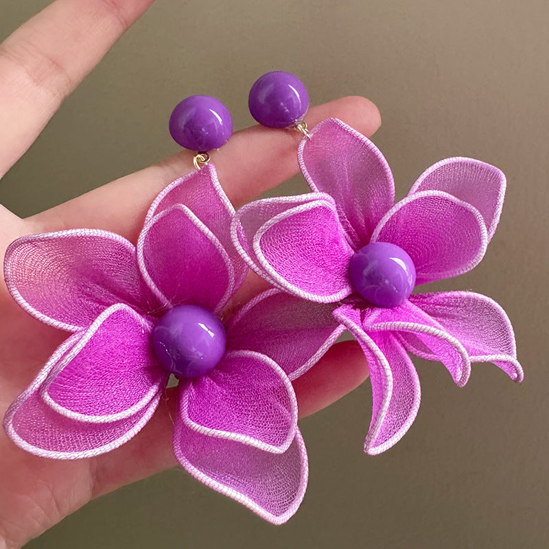 Gorgeous Temperament Exaggerated Purple Tulle Flower Western Style Earrings