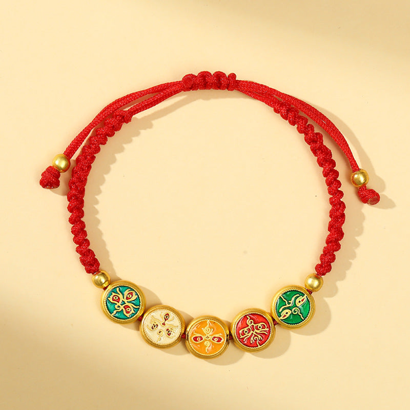 Women's & Men's Tibetan Style Five Gods Of Wealth Carrying Strap Hand-woven Peach Bracelets
