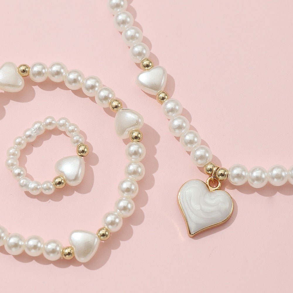 Sweet Loving Heart Imitation Pearl Fashion Jewelry Set