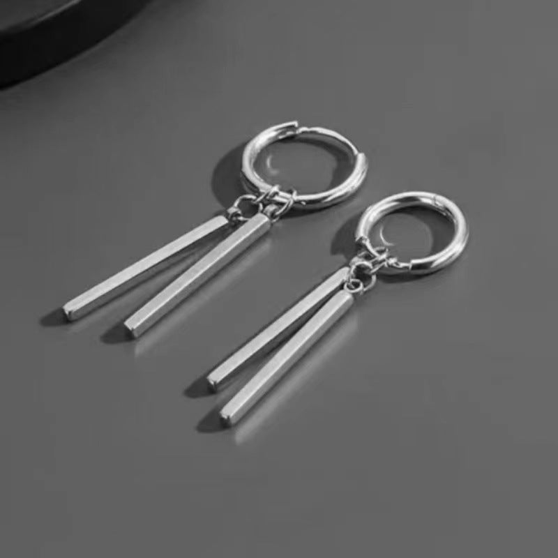 Men's Stainless Steel Double Stick Rectangular Long Bar Niche High Sense Earrings
