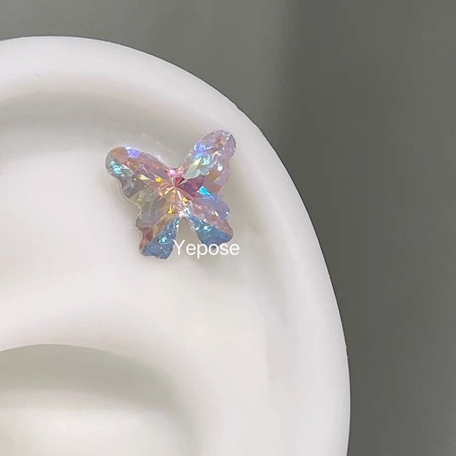 Polarized Butterfly Zircon Ear Bone Flat Bottom Pin Titanium Steel Stud Earrings