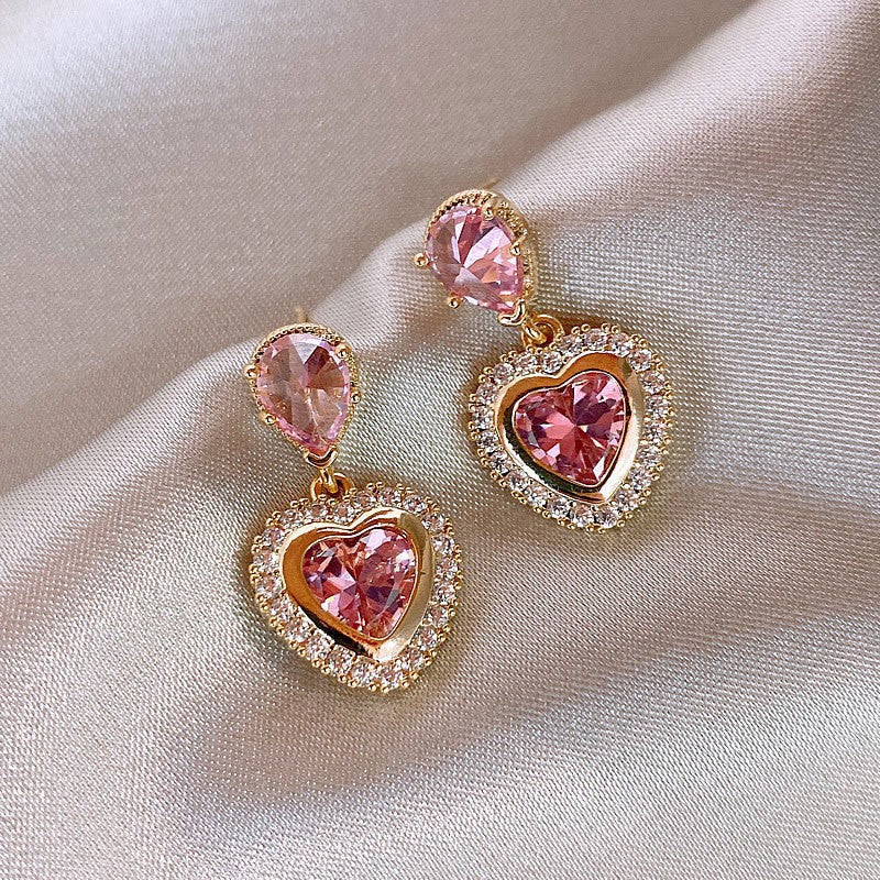 Shiny Pink Loving Heart Zircon Sweet Minority Stud Earrings
