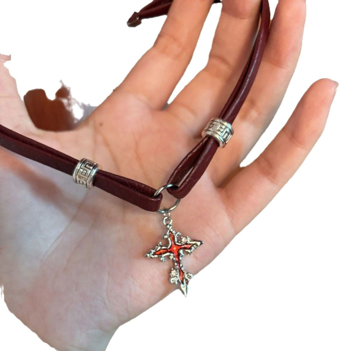 Style Leather Collar Wine Red Cross Clavicle Pendants