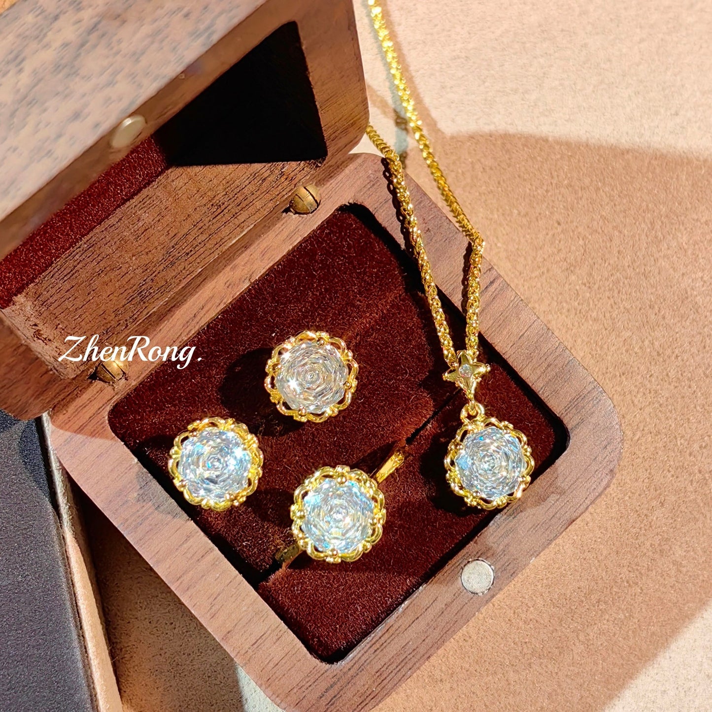 Women's Sea Blue Zirconium Inlaid High Carbon Diamond Pink Jewelry Set