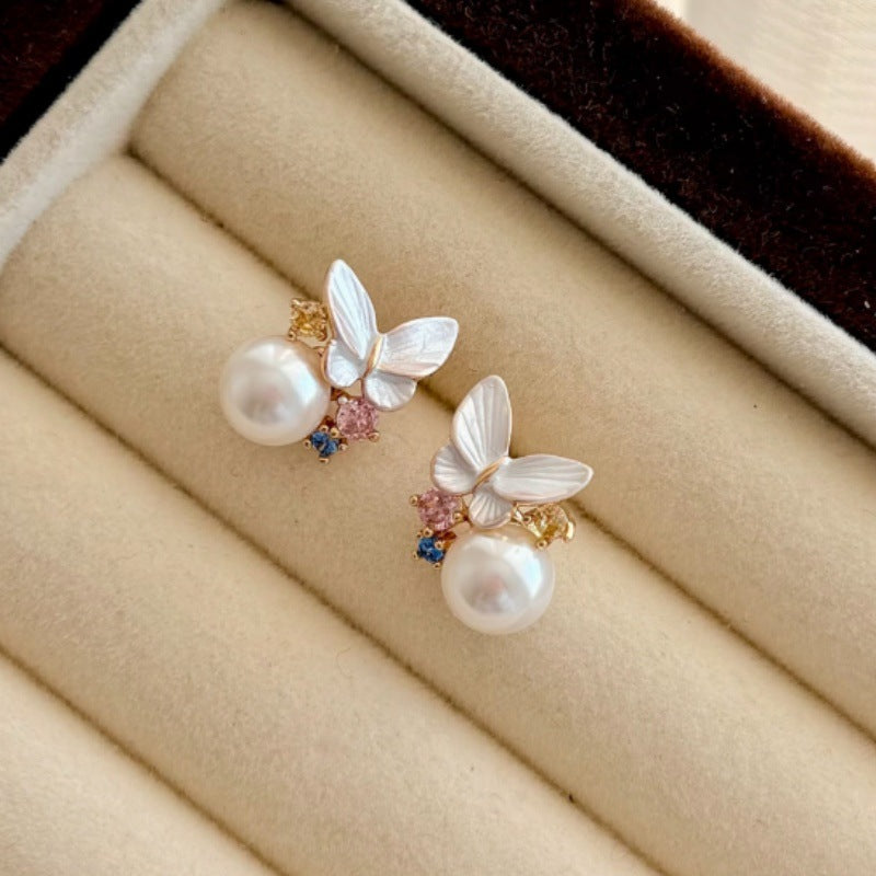 Vintage Pink Butterfly Pearl Small Delicate Stud Earrings