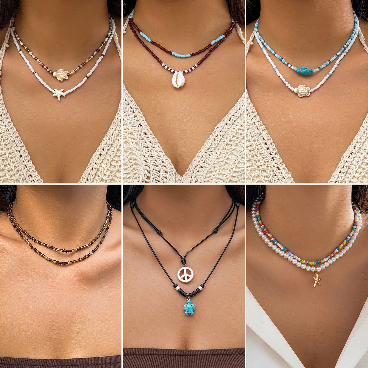 Women's Ocean Style Beads Stringed Clavicle Starfish Shell Necklaces