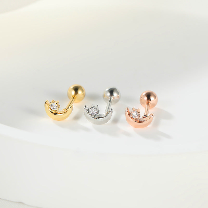 Fashion Lady Micro Inlaid Zircon Rose Gold Plating Star Moon Stud Earrings