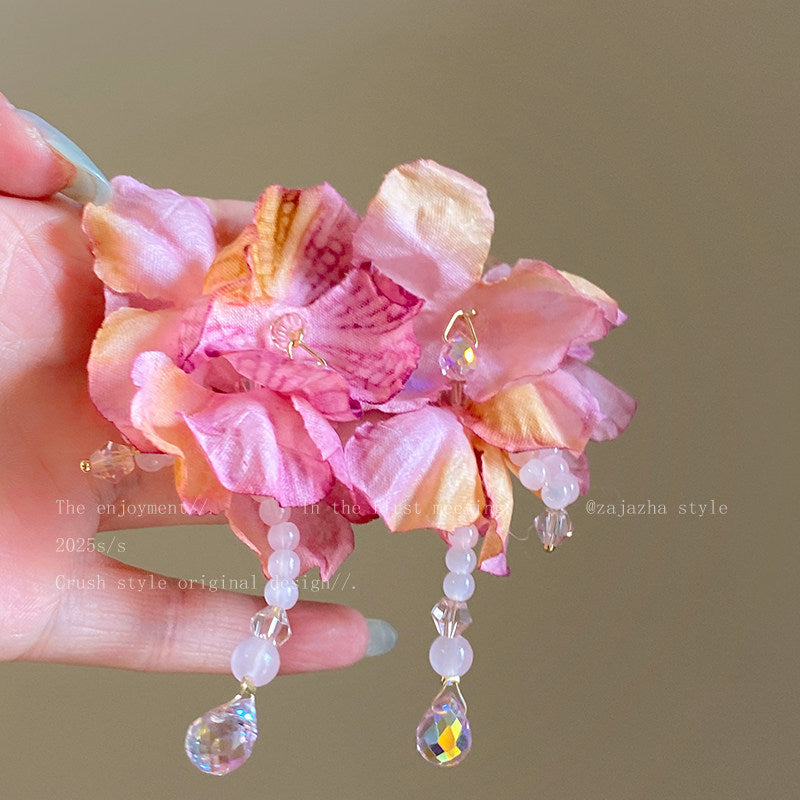 Women's Blue Flower Exaggerating Tassel Super Fairy Rings