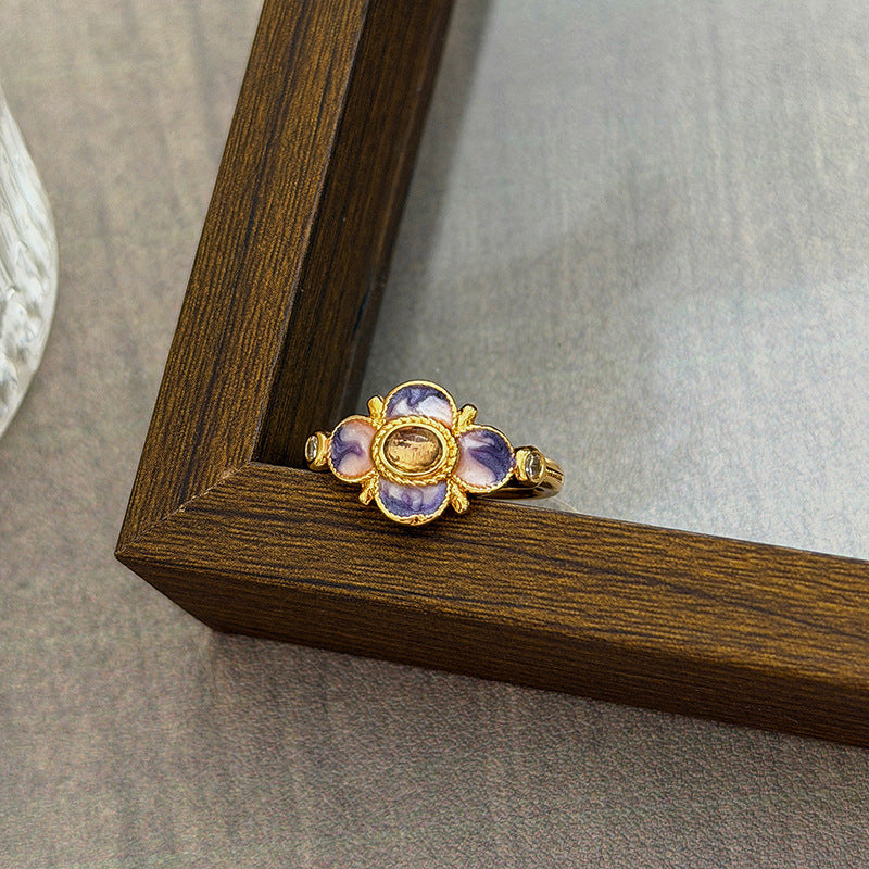 Luxury Retro Flower Auspicious Cloud Purple Enamel Open Niche Twin Rings