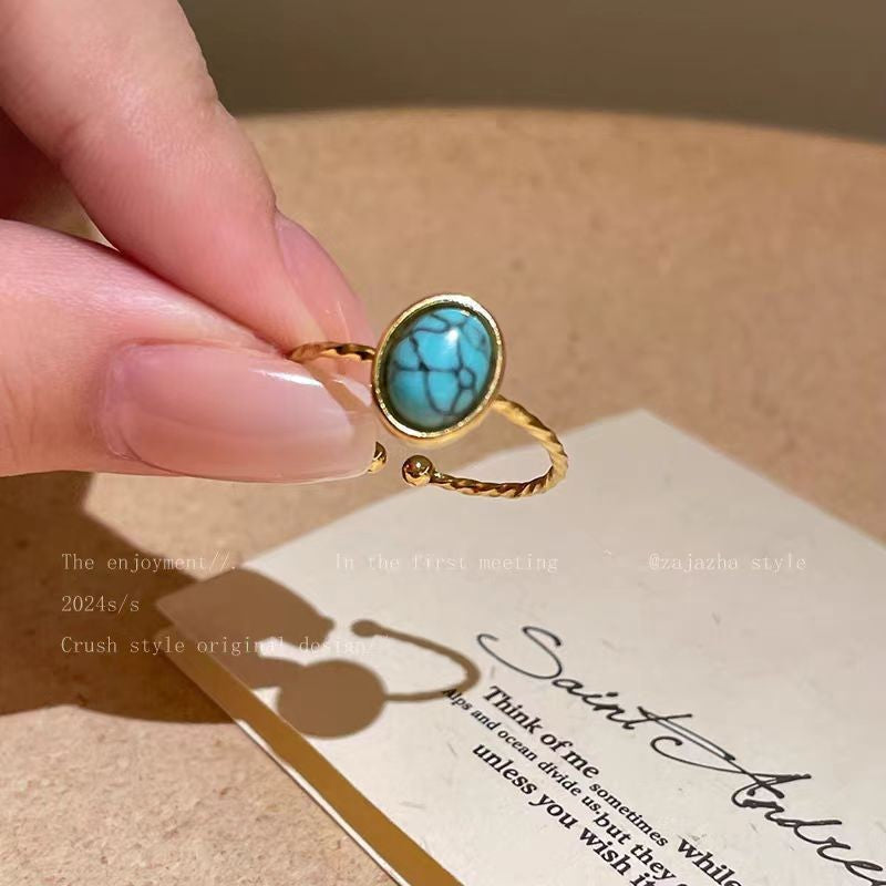 Personality Vacuum Plating Golden Flower Turquoise Ring