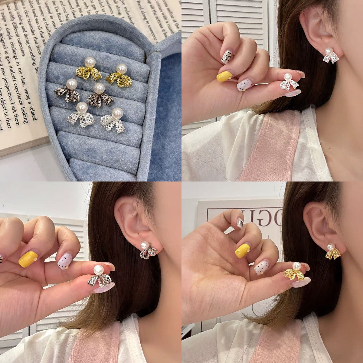 Hollow Bow Pearl Female Fashion High Sense Bud Stud Earrings