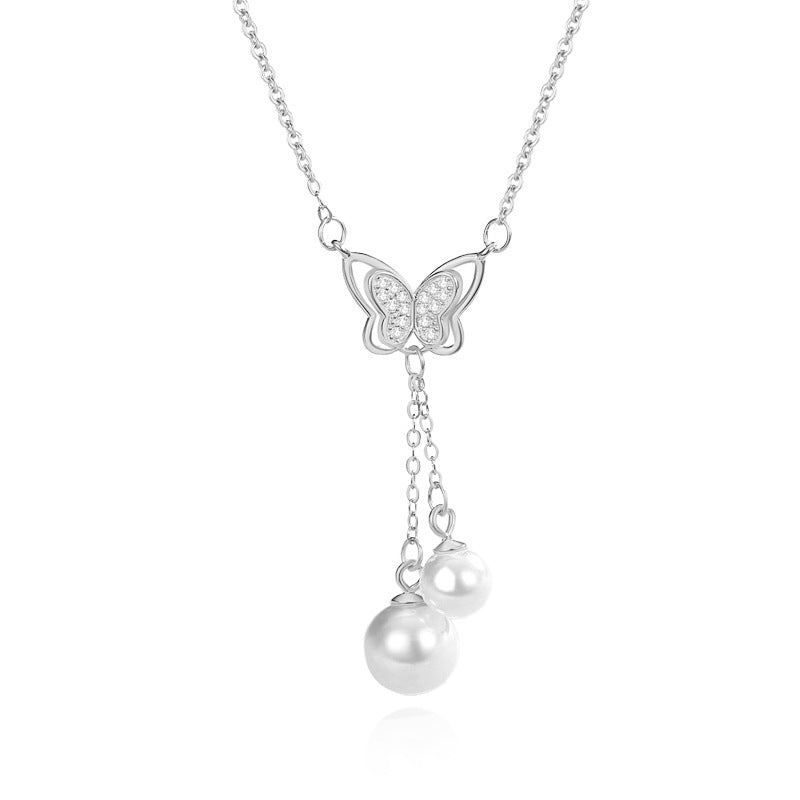 Sterling Sier Butterfly Pearl Tassel Niche Clavicle Necklaces